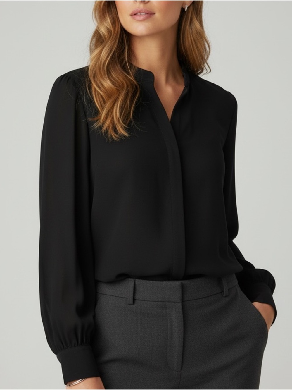 NWT CECE Black Semi-Sheer Long Sleeve V-Neck Blouse Unlined Blouse Size Medium